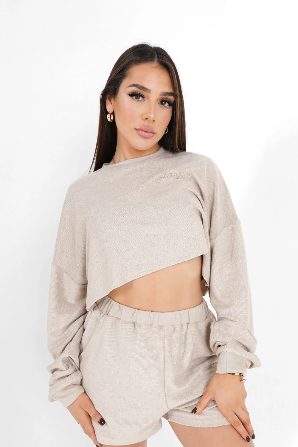 Sweatshirt court tissu bouclette Beige clair