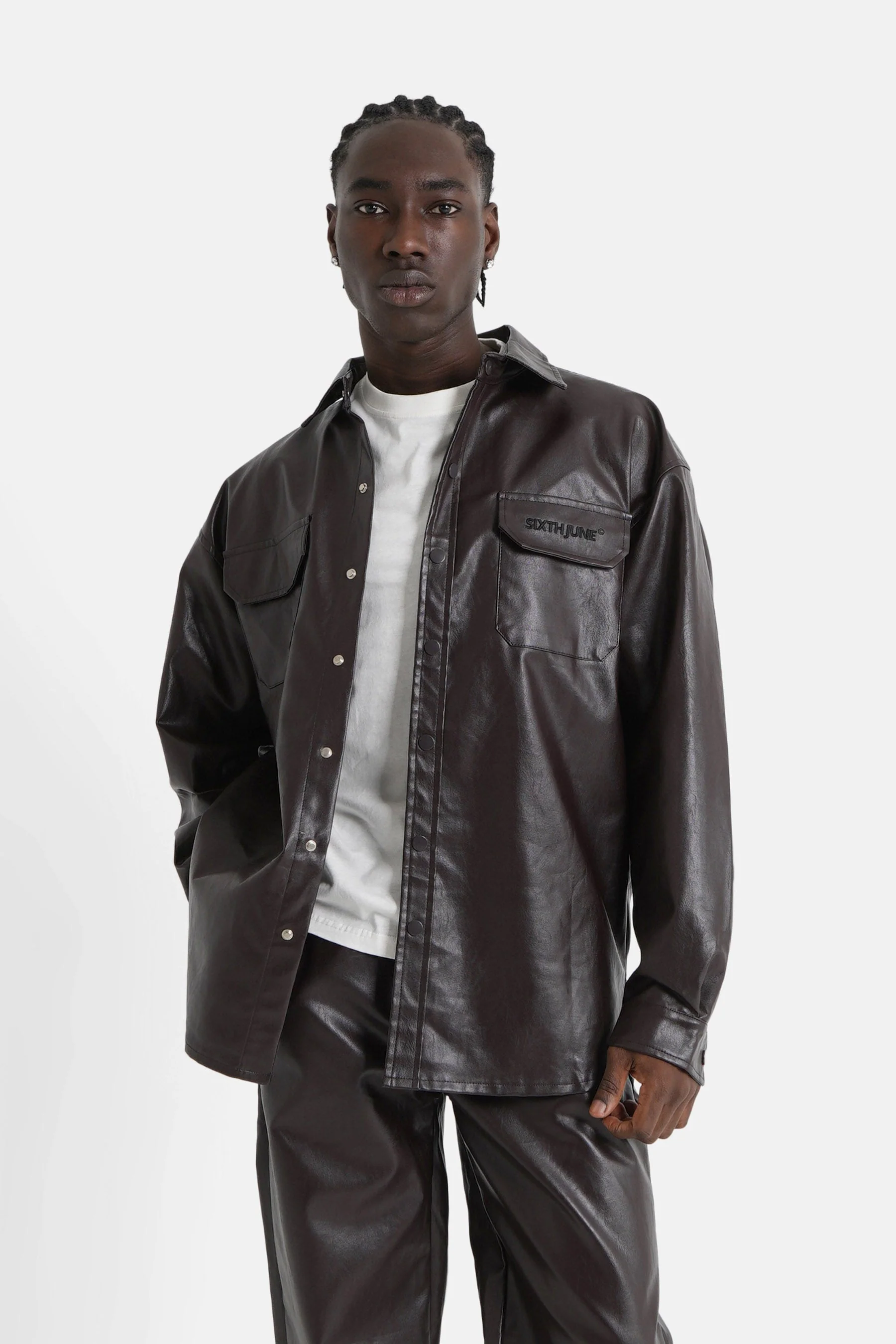 Chemise manches longues simili cuir Marron