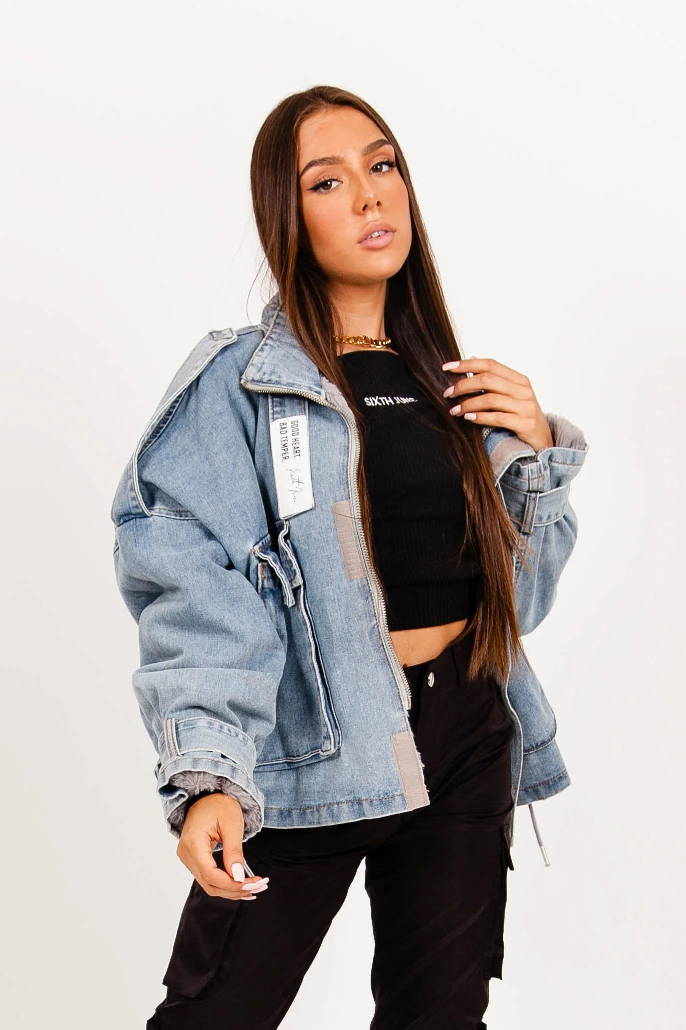 Veste denim cargo doublure Bleu