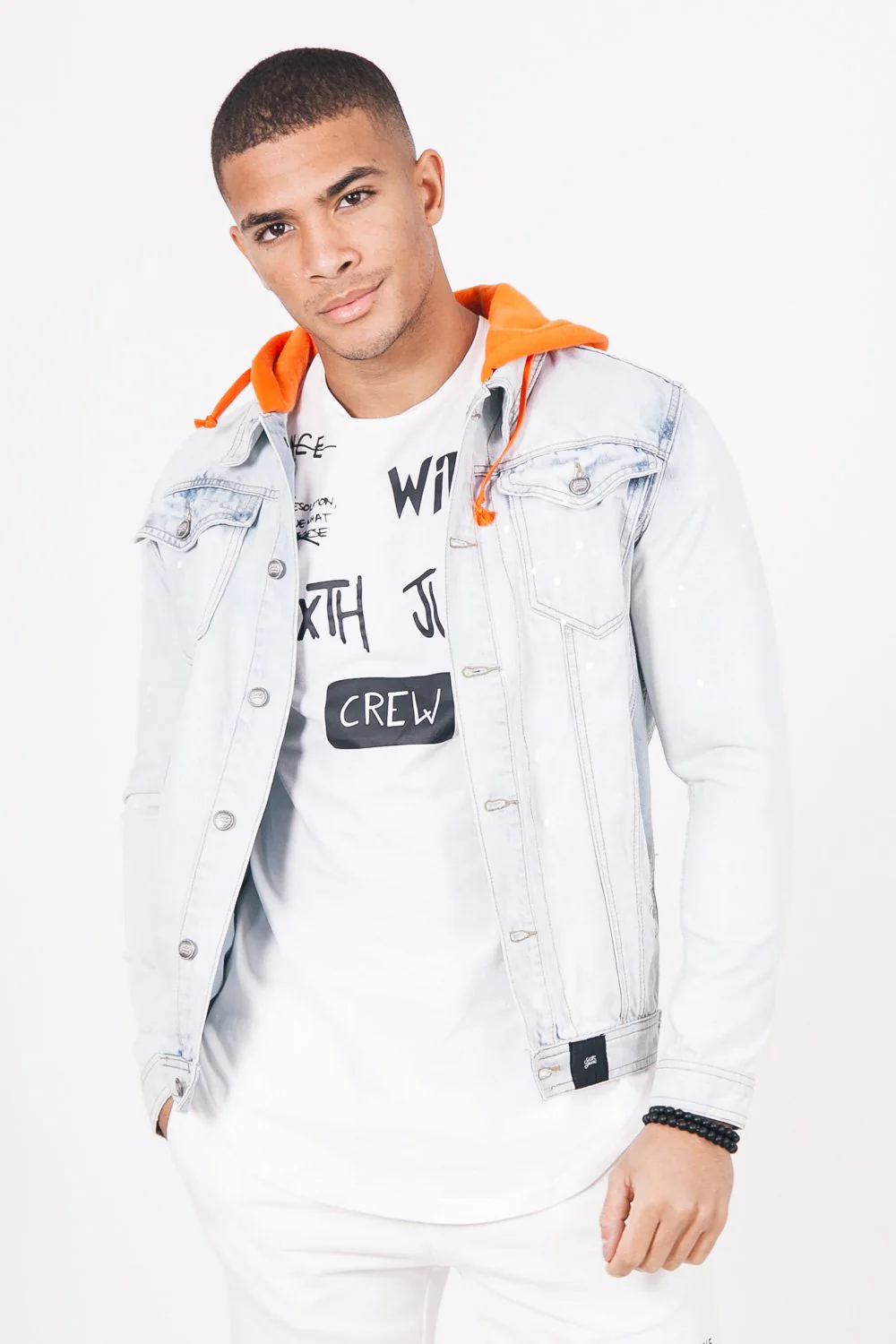 Veste jean capuche bleu orange