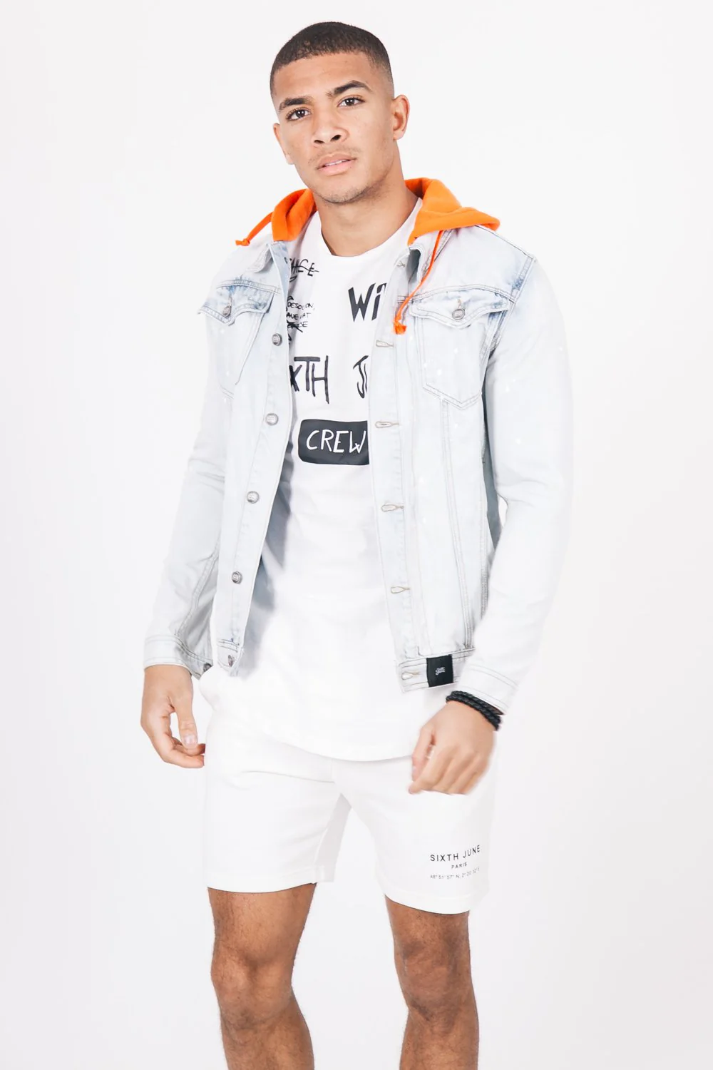 Veste jean capuche bleu orange - Image 2