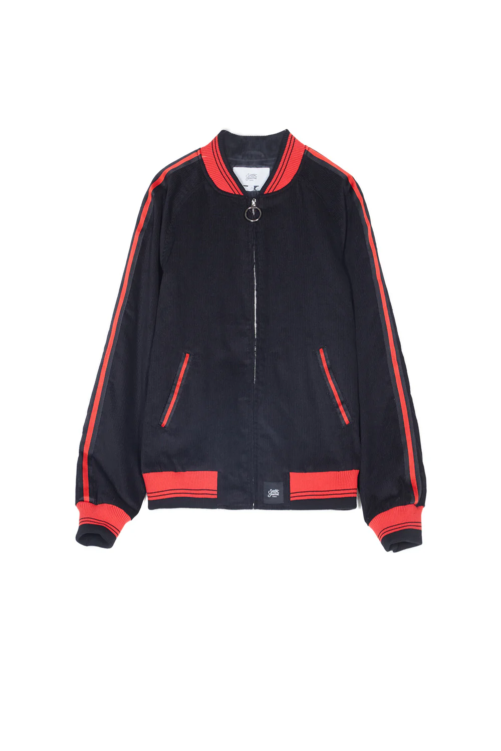 Veste velours côtelé bandes noir rouge