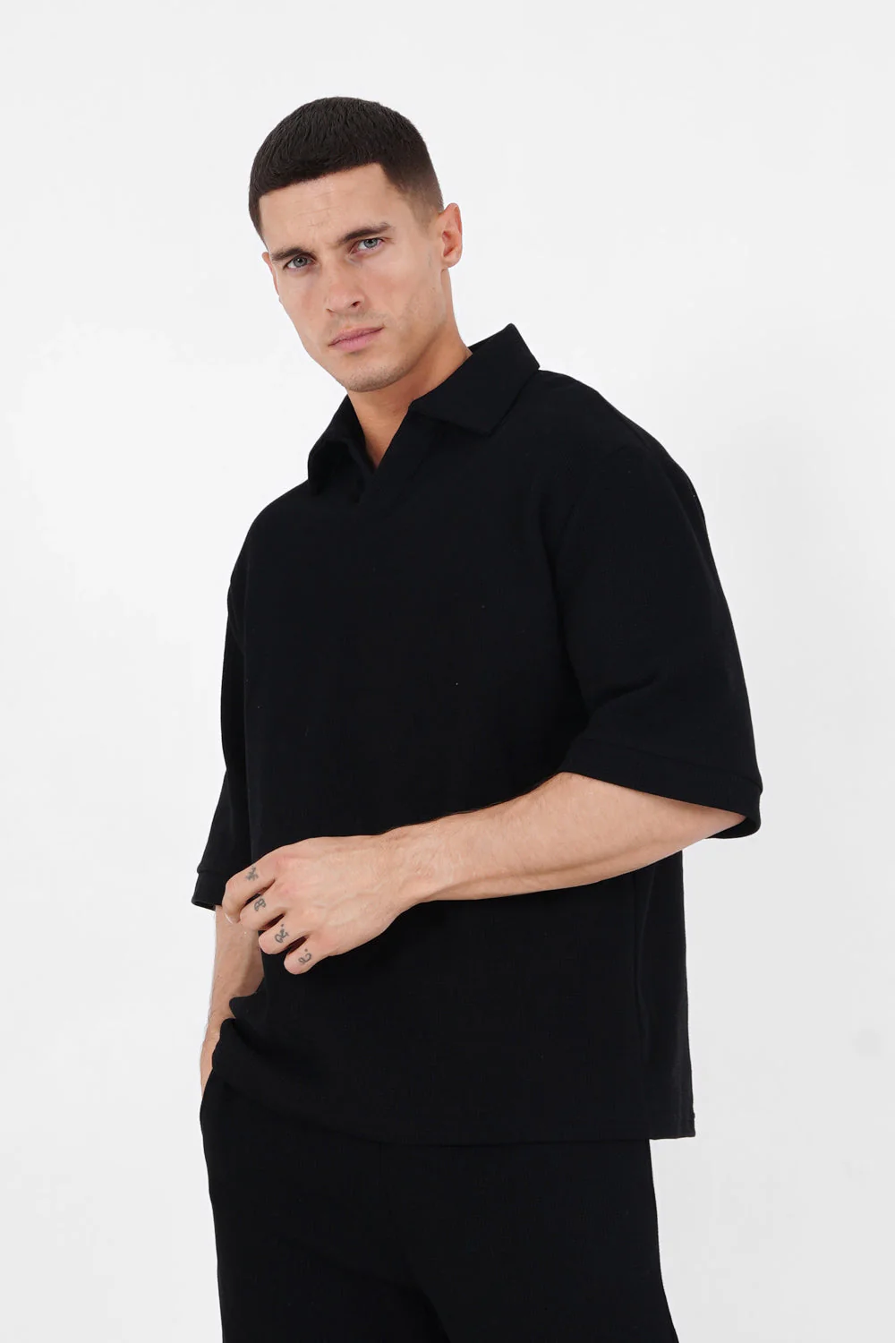 Polo gaufré oversize Noir